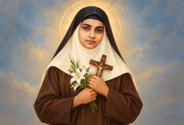 Saint Alphonsa holding a crucifix and white flowers