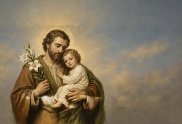 Saint Joseph holding the Child Jesus and lilies